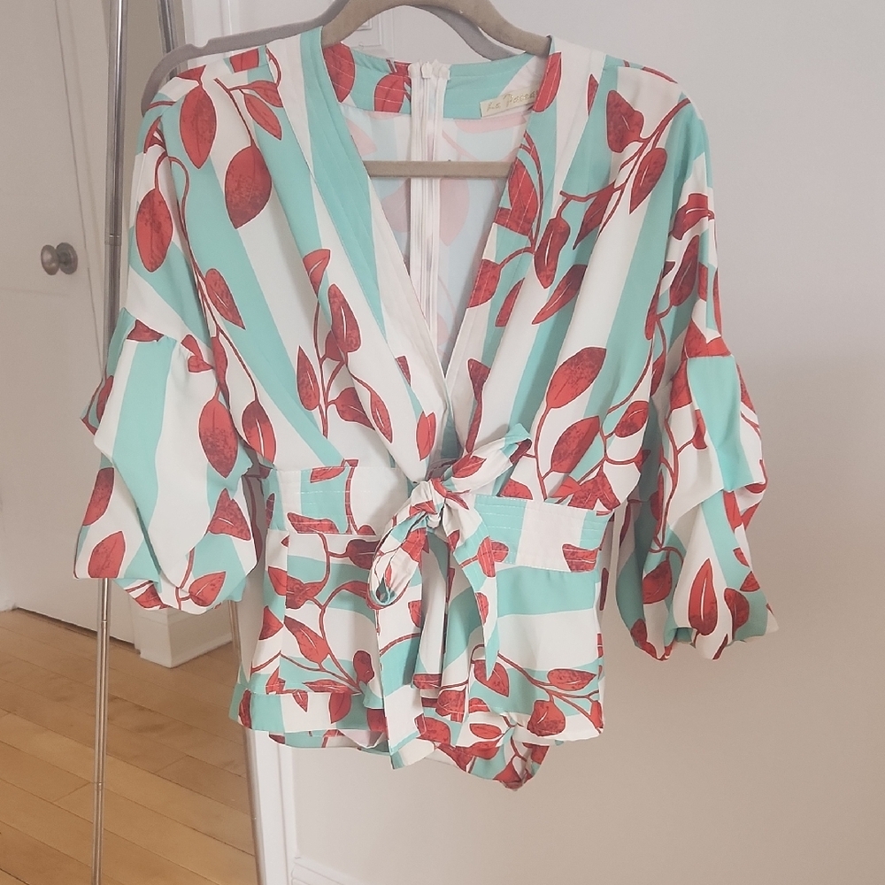 Chic Leaf Print Wrap Blouse